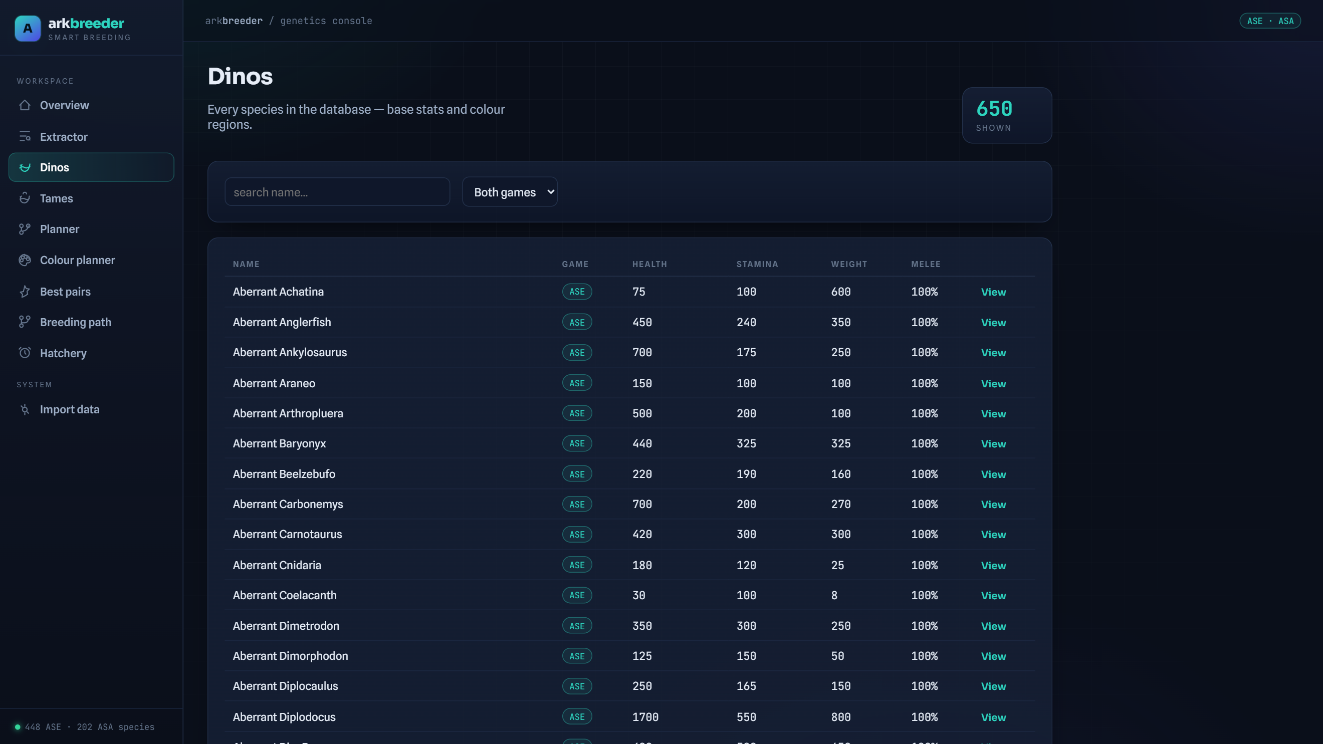 The species browser — all 650 ARK creatures with base stats and colour-region counts, filterable across both games.