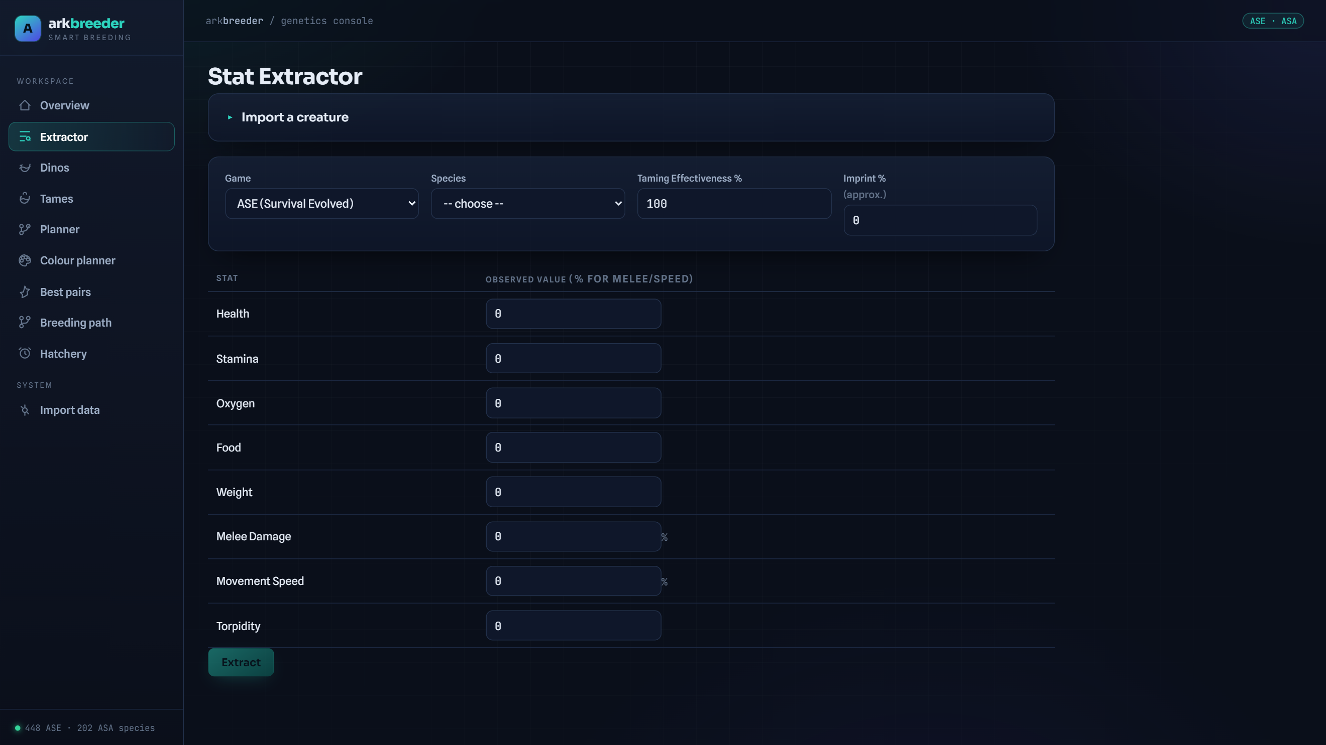 The stat extractor: enter a creature's in-game stat values to recover the hidden wild/domestic level breakdown breeding depends on.