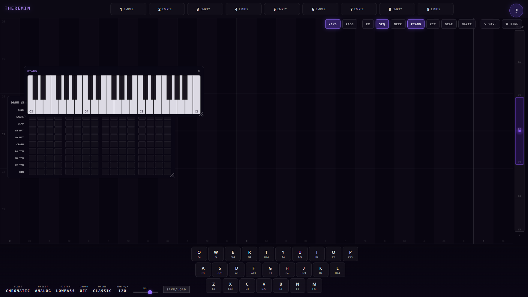 Draggable instrument panels — a multi-octave piano over the drum step-sequencer, with the QWERTY row below doubling as a playable keyboard.