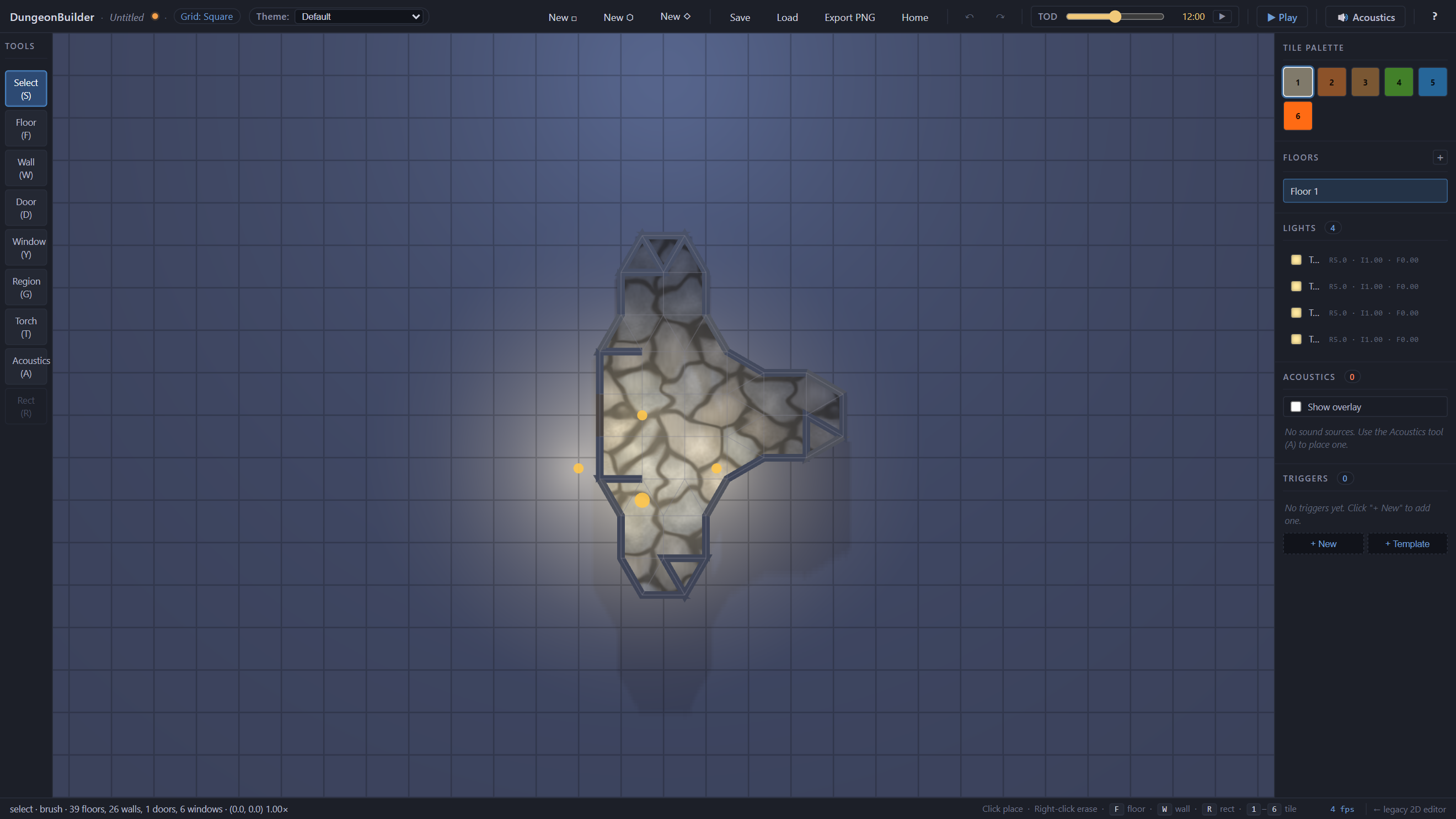 Night: the same room rendered in WebGL2 with shadow-mapped torchlight pooling on the floor and the edges falling to dark.