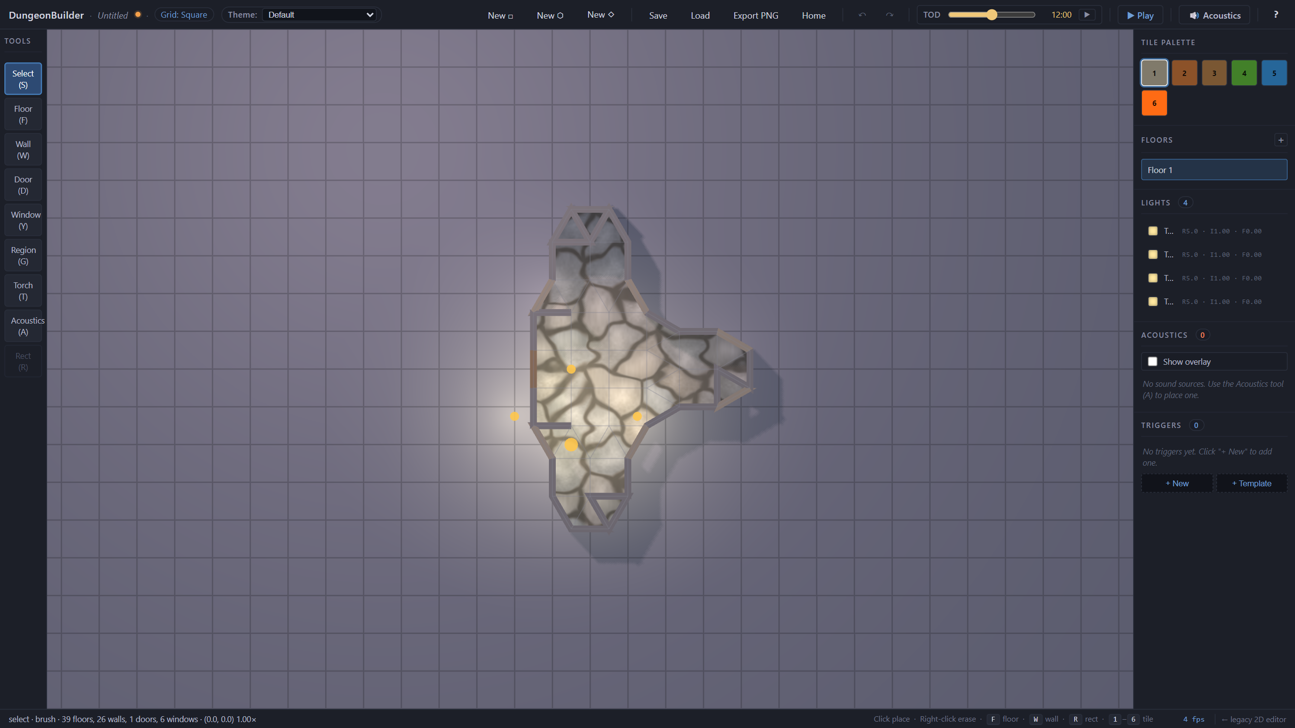 Dusk — the day-cycle slider drops the sun low, casting the whole structure's shadow across the grid.