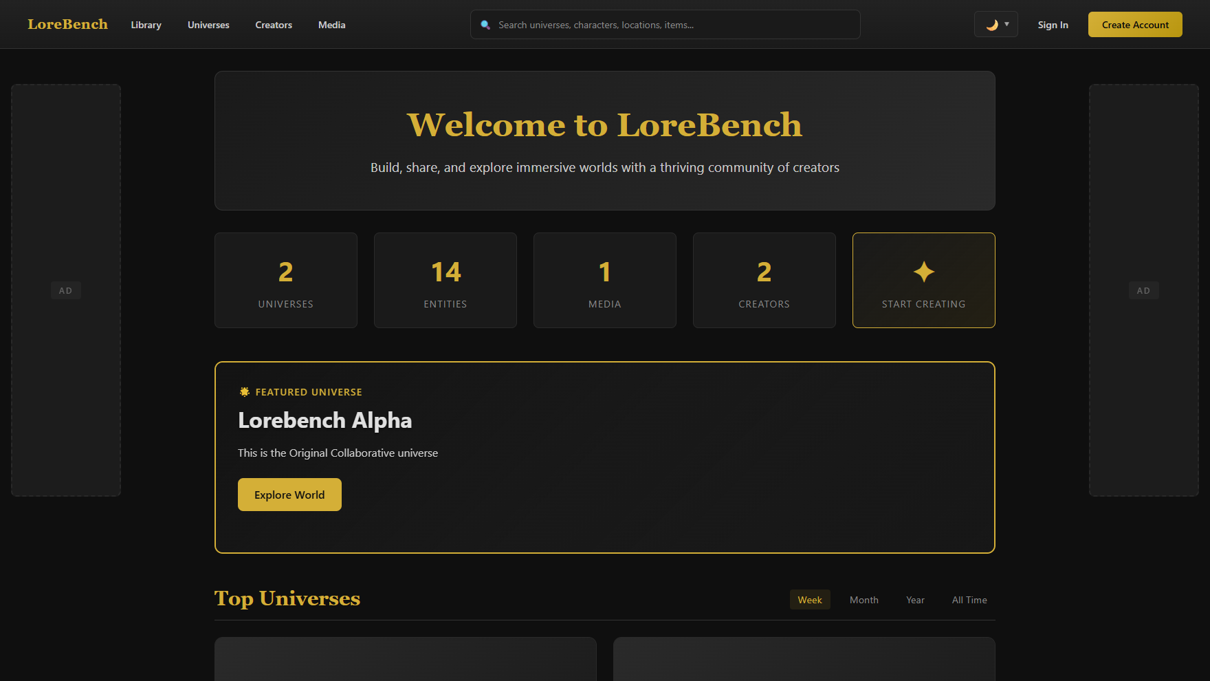 The landing page — featured universe, live community stats and trending worlds (captured with the pre-launch gate lifted).