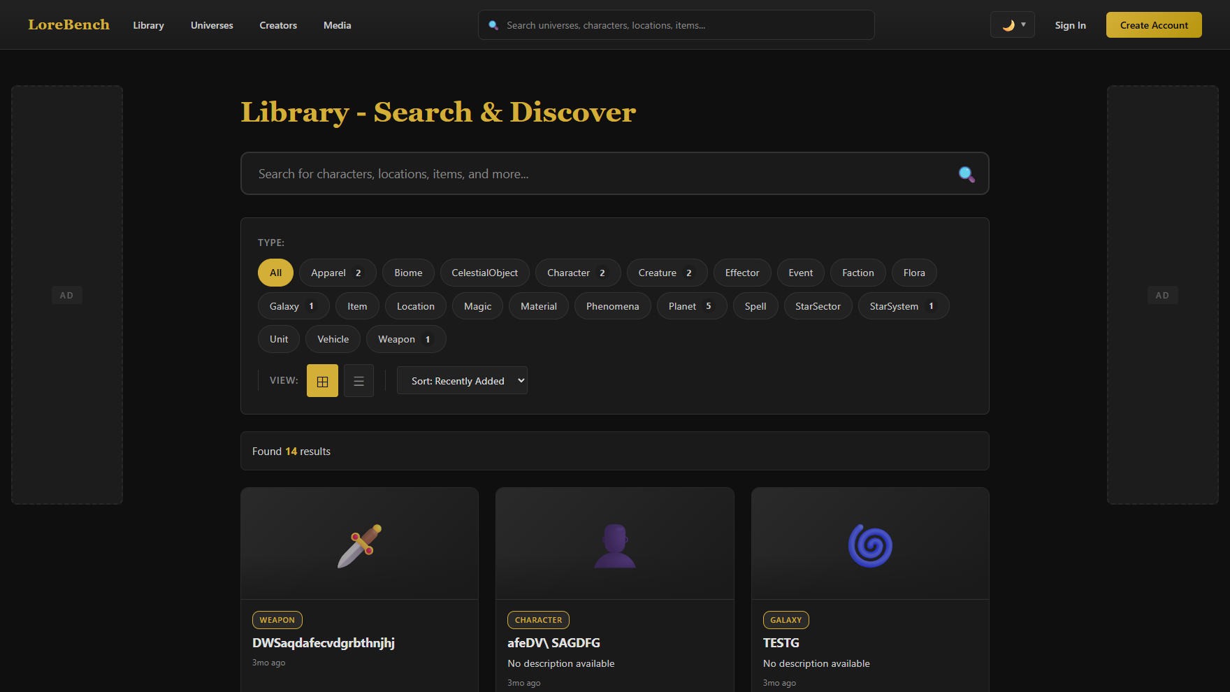 The cross-universe library: every record is typed — character, location, faction, planet, star system, creature, item and more — and faceted for search.