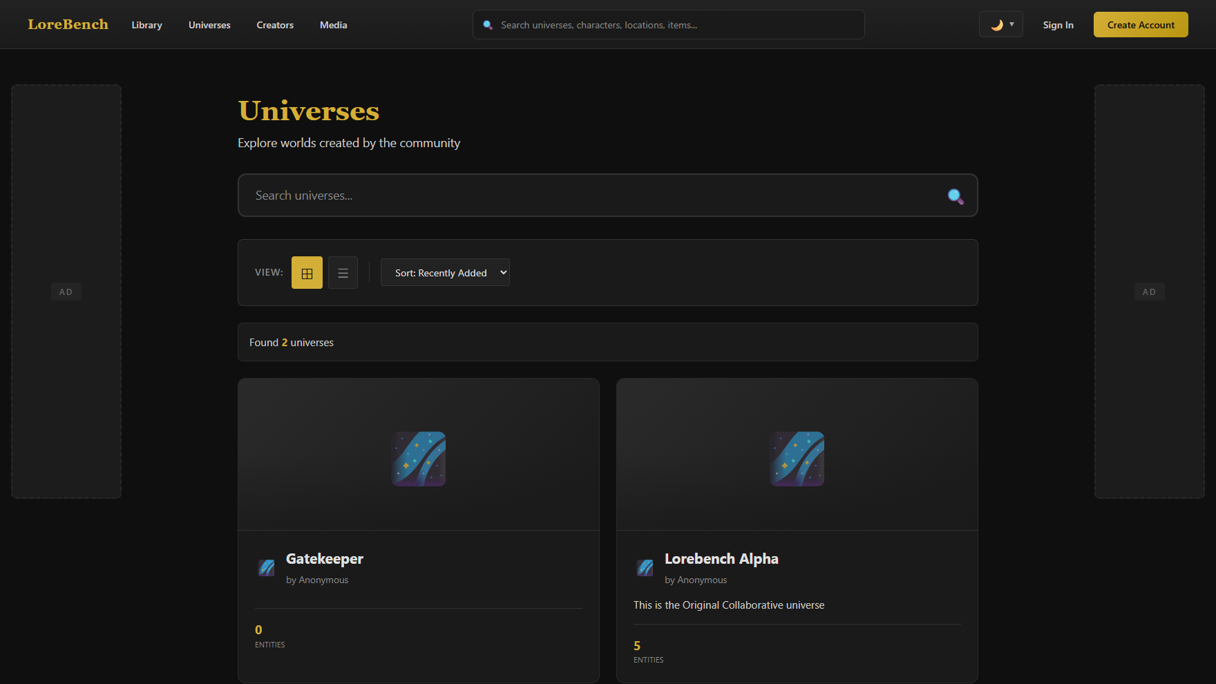 Browsing universes, each a self-contained world with its own entity count, rating and creator.