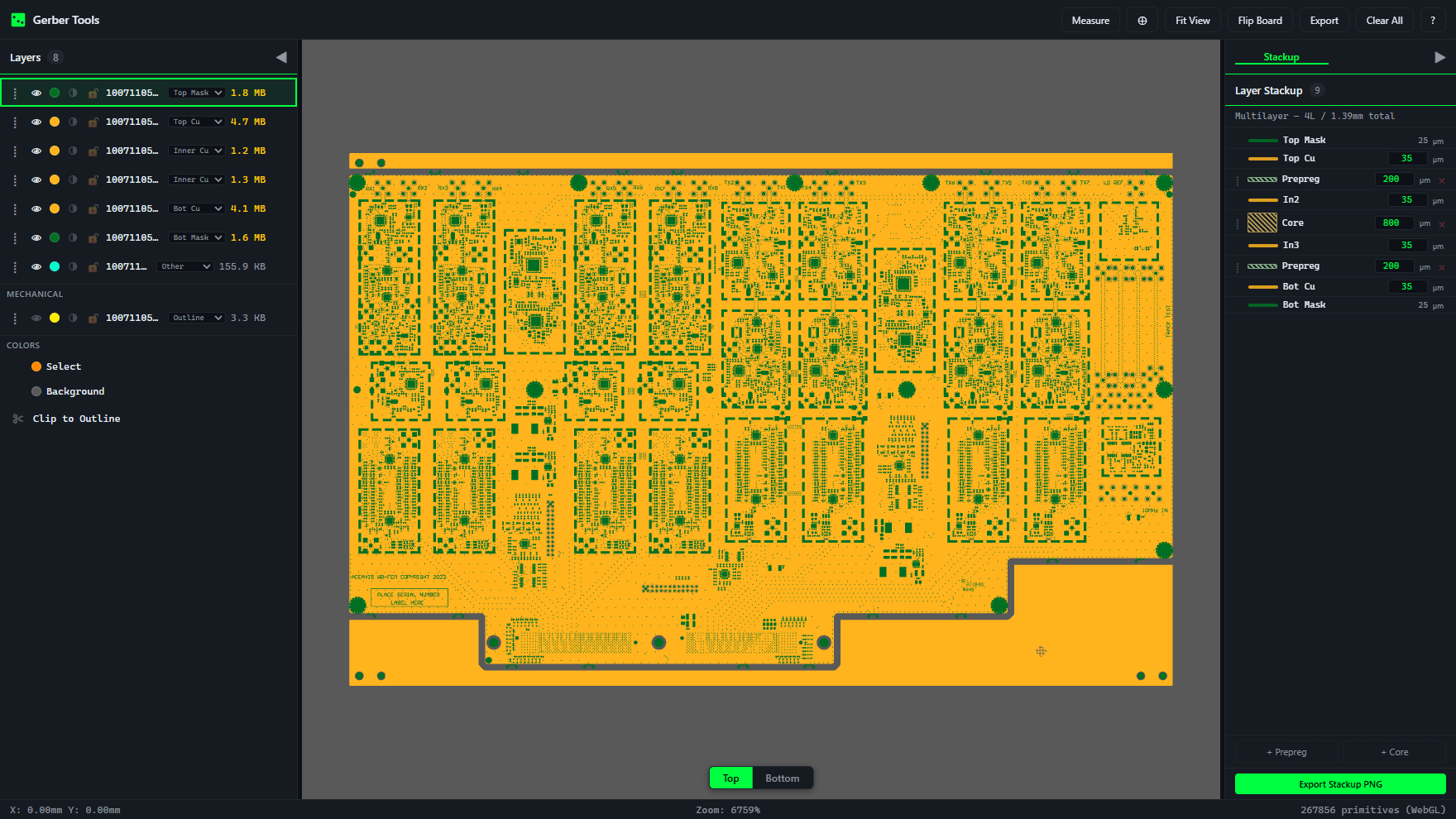 The Gerber/Excellon viewer rendering a real 9-layer board — top copper, soldermask and drill — with the layer stackup and per-layer colour controls (267k primitives via WebGL).