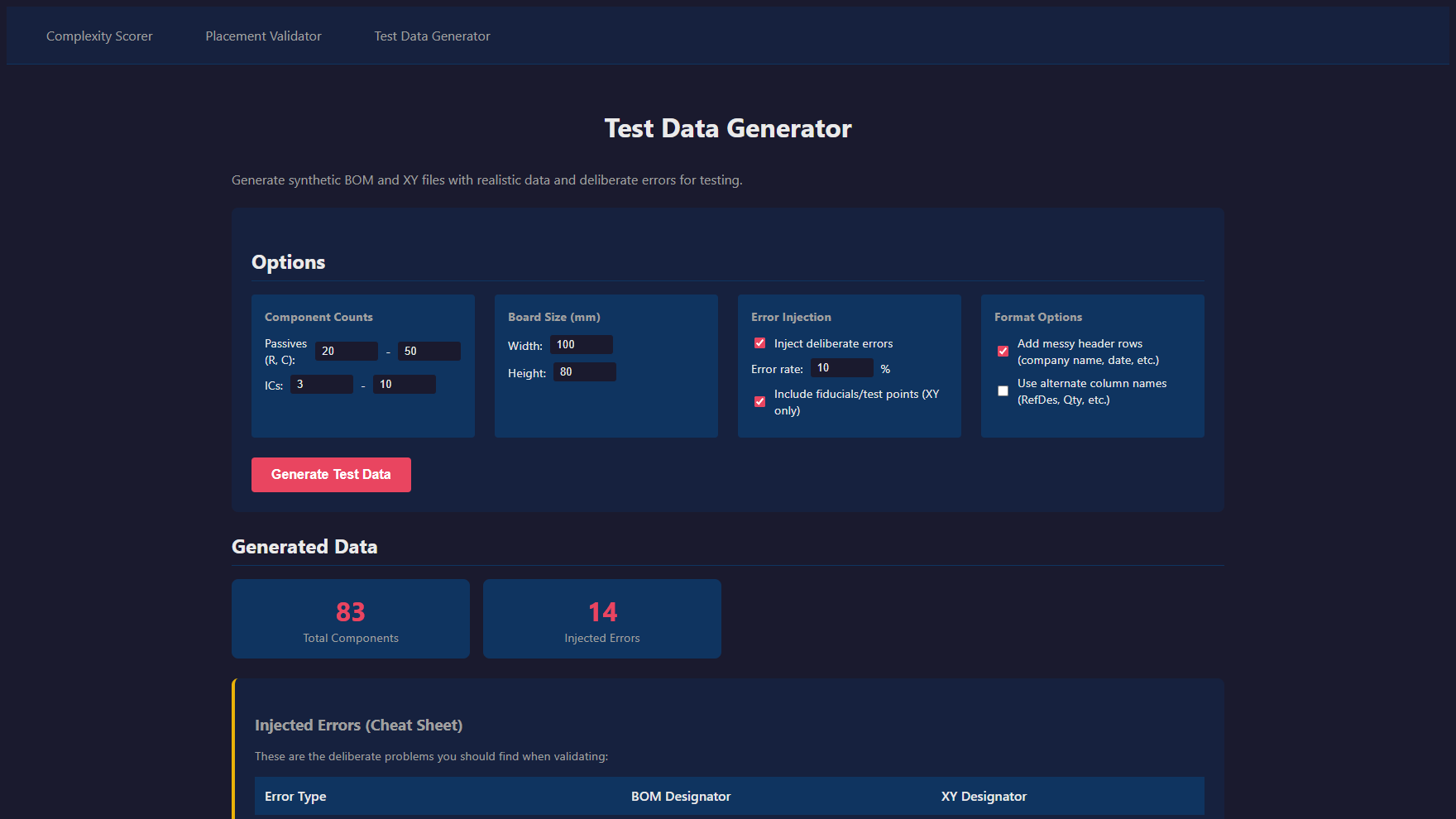 The synthetic test-data generator: BOM and XY files with configurable counts, board size and deliberately injected errors for exercising the validators.