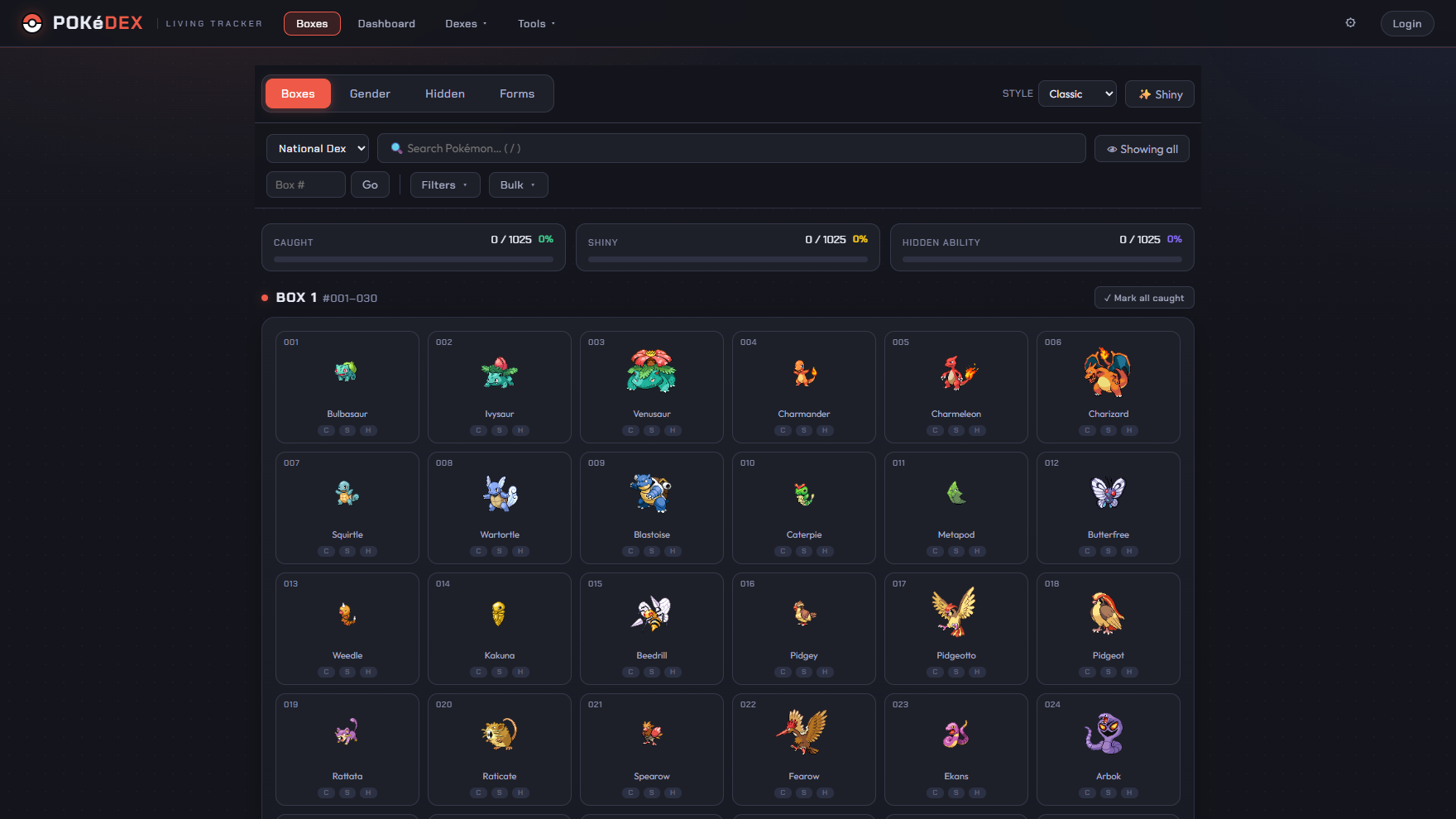 The living dex laid out as in-game storage boxes of 30, with caught/shiny toggles and per-dex progress bars.