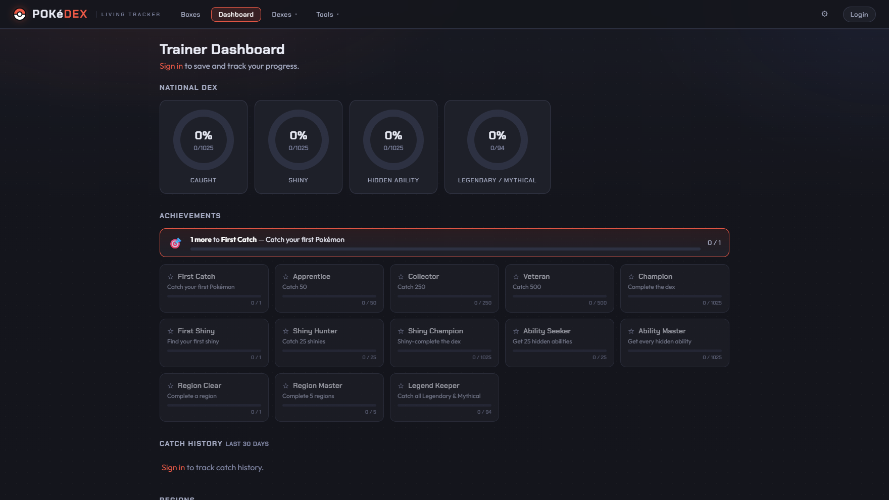 The trainer dashboard — National Dex progress rings and an achievement track across catching, shiny-hunting and abilities.