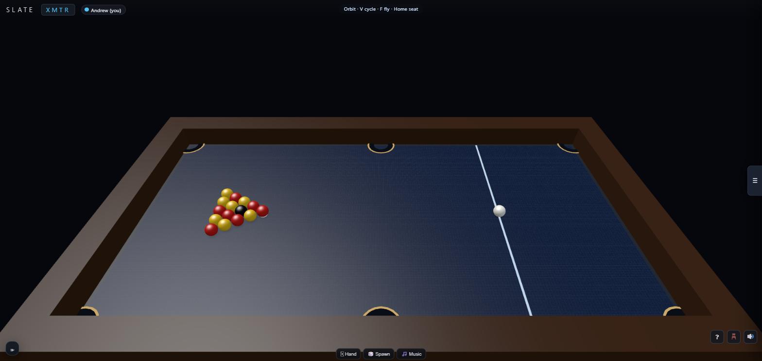 Pool: a racked triangle, a cue ball and an aim line, all resolved by the server-side rigid-body engine so every player sees the same break.