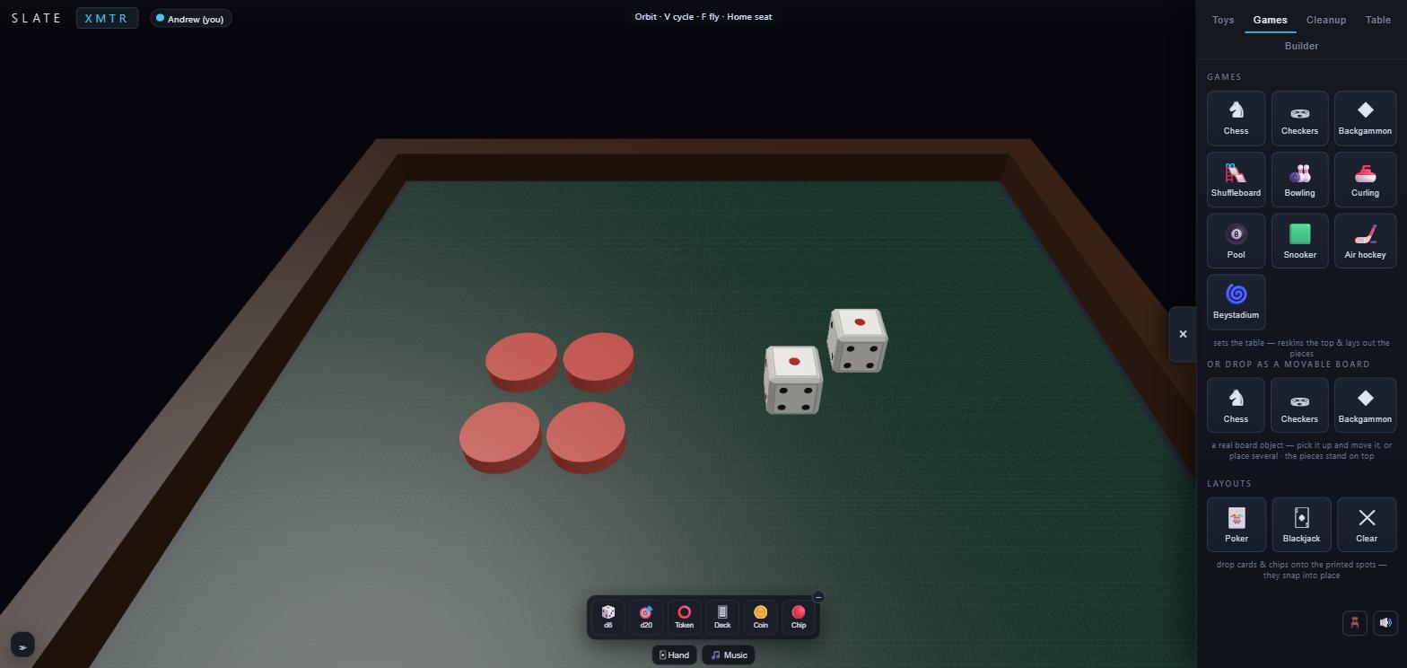 The table's game drawer — ten sports and board games that re-skin the table and lay out the pieces, plus movable board objects and card-and-chip layouts.