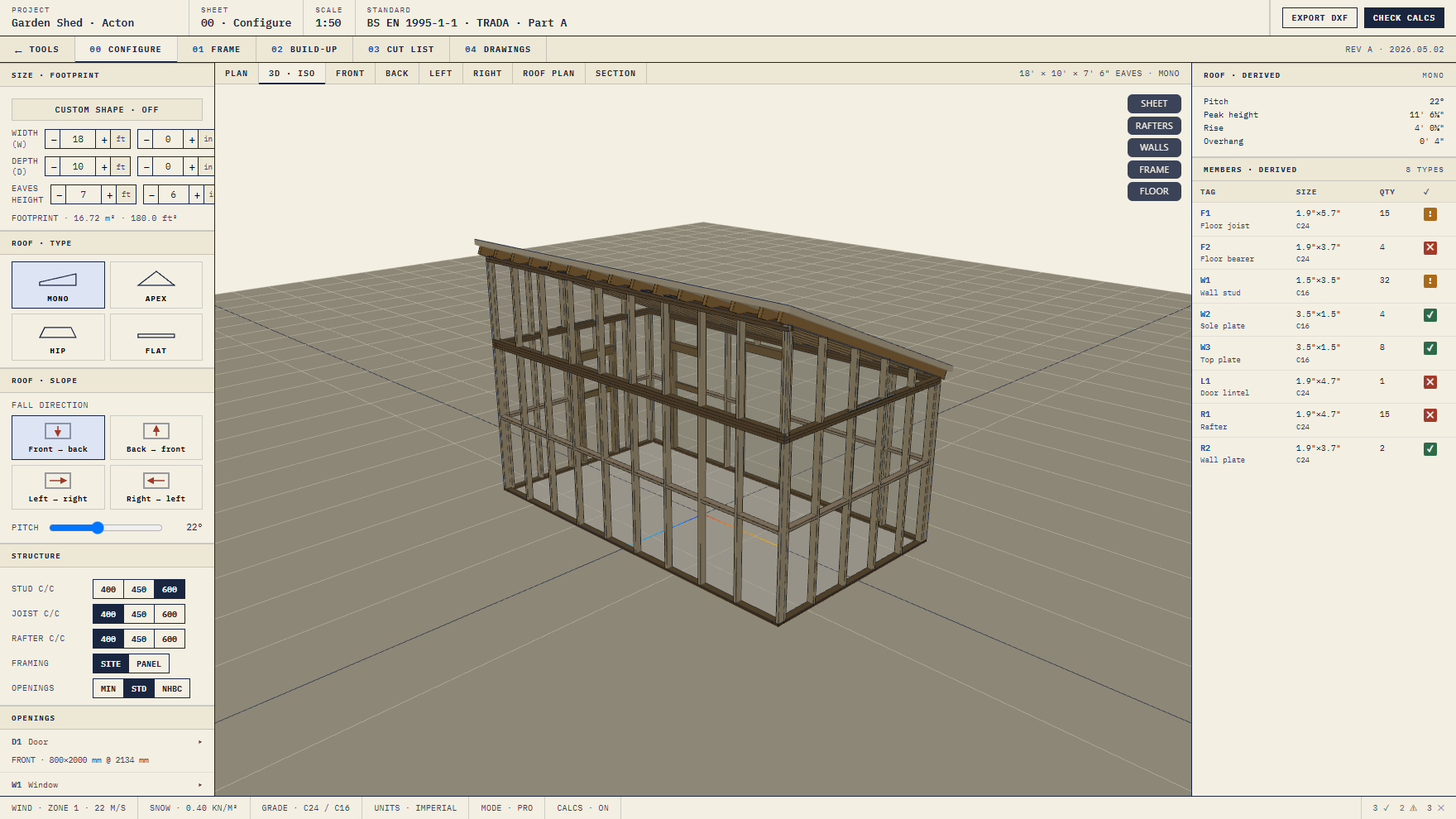 The 3D frame model — studs, plates, lintels, noggings and rafters all derived live from the building's dimensions and roof type.