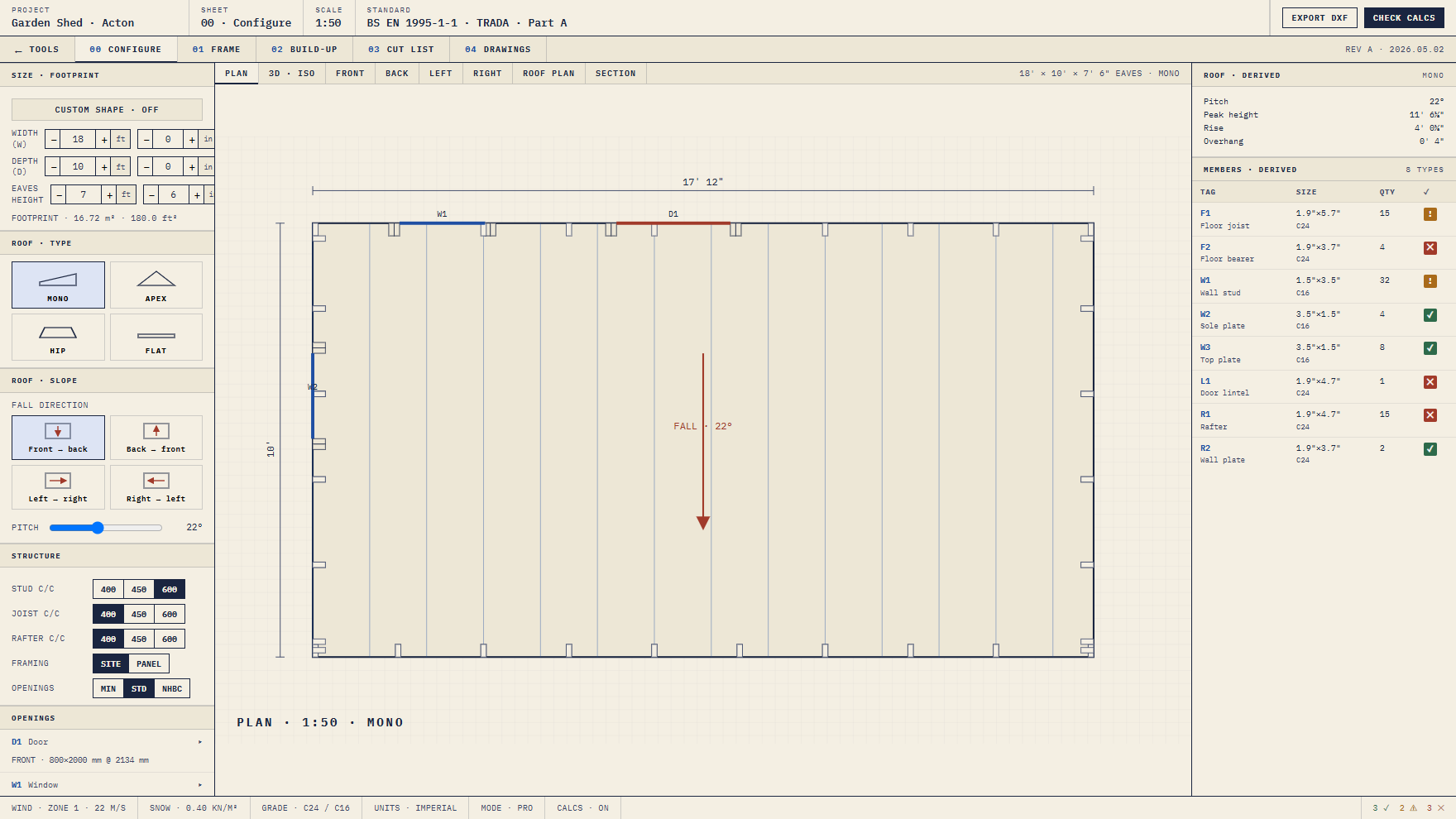The plan sheet with the auto-generated members schedule and the roof, slope and stud-spacing controls that drive it.