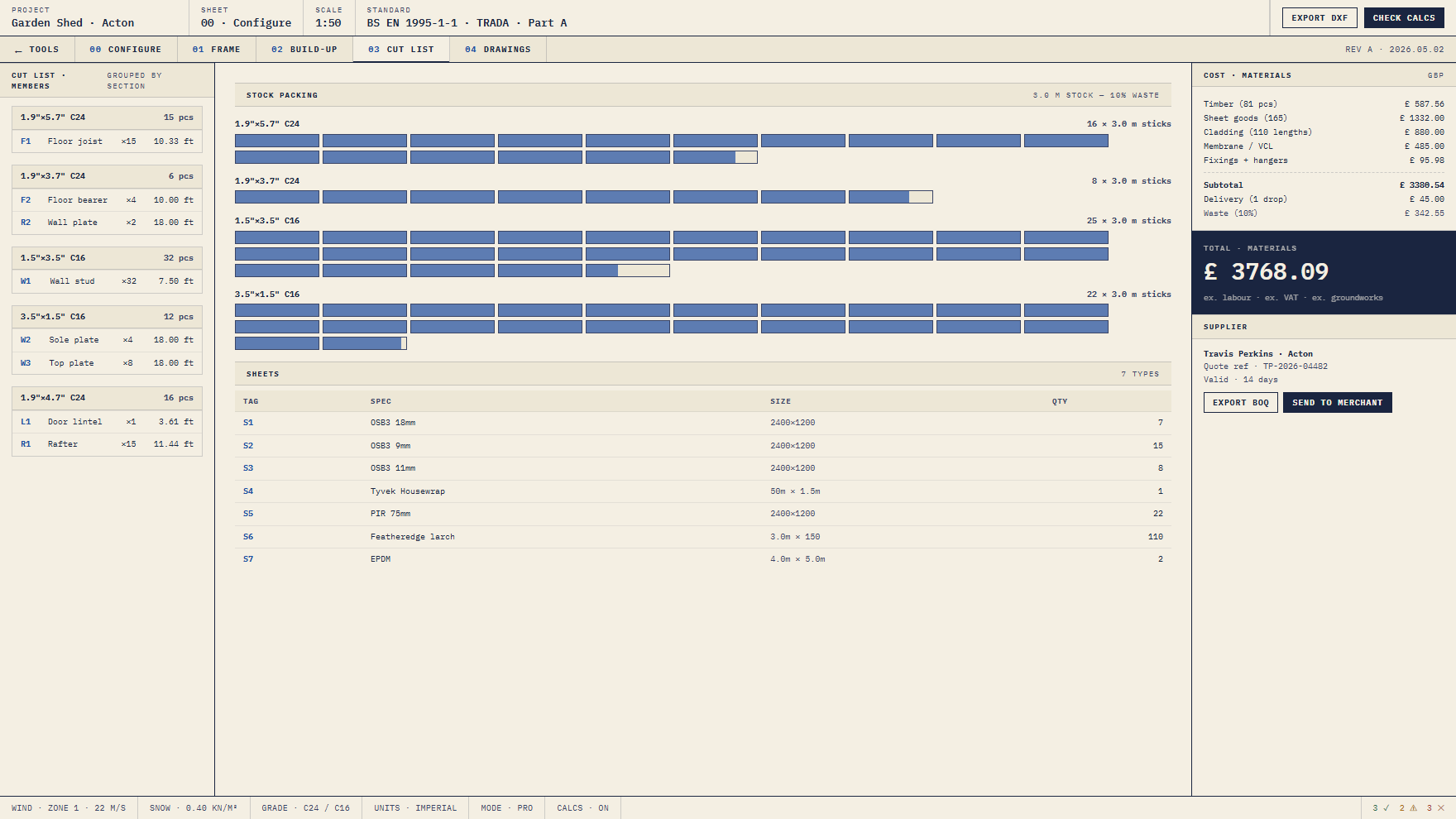 The cut list: stock-packing diagrams showing how each member nests into 3.0 m lengths, with a live materials cost and exportable merchant BoQ.