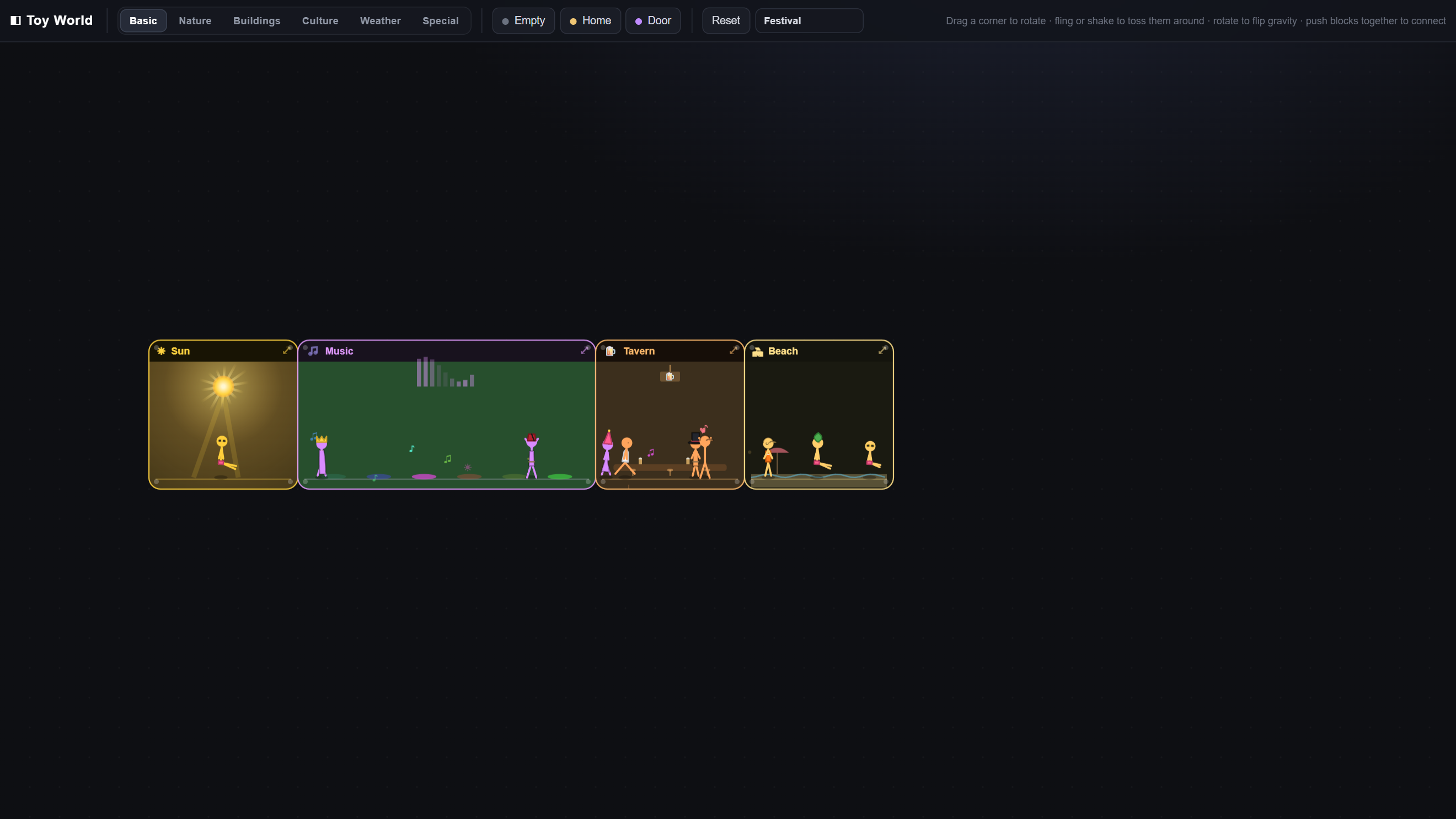 A festival: a music frame with a live equaliser drives dancing stickmen across tavern and beach frames.